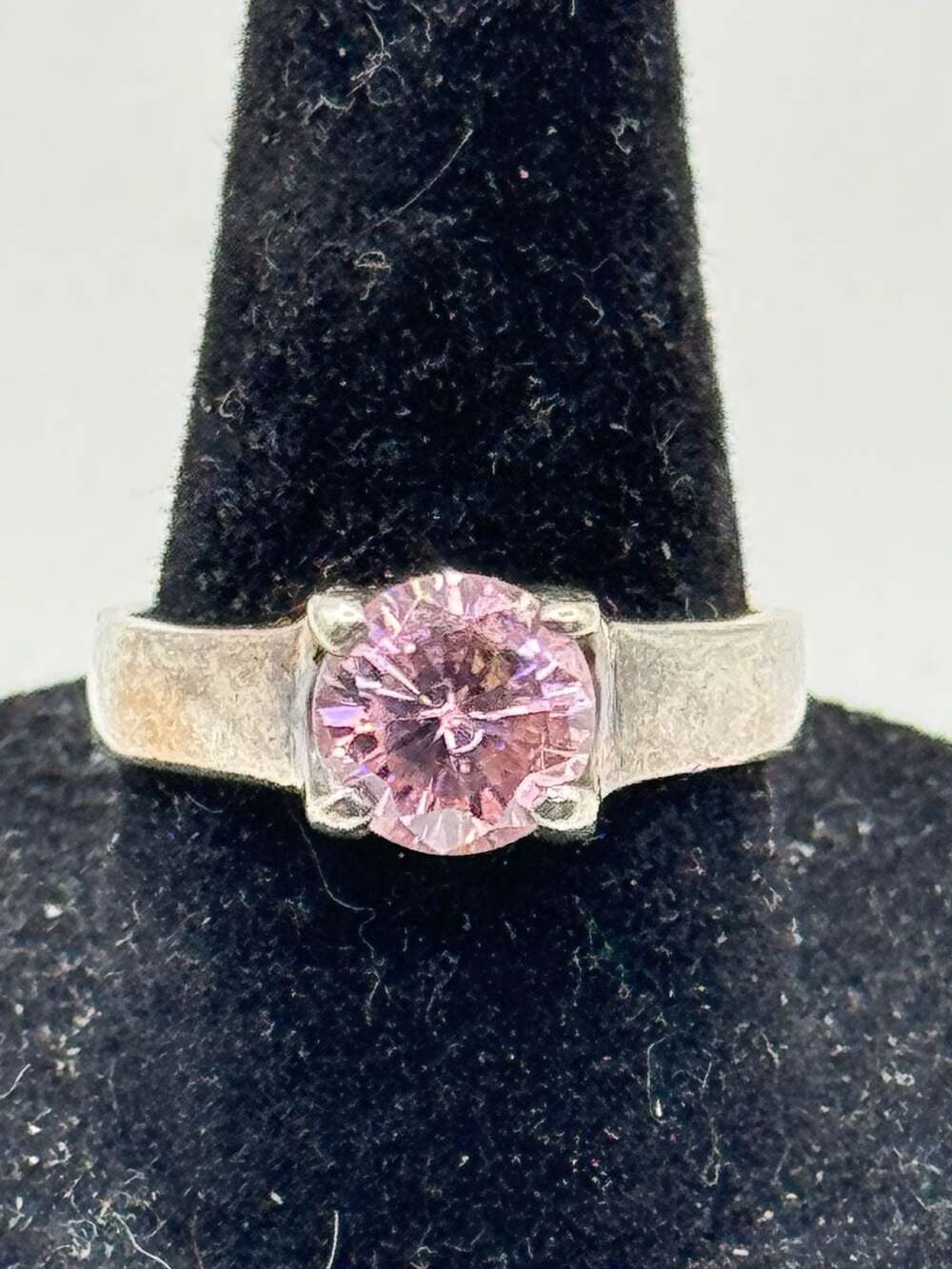 Vintage Pink Solitaire Cubic Zirconia Sterling Silver Statement Ring